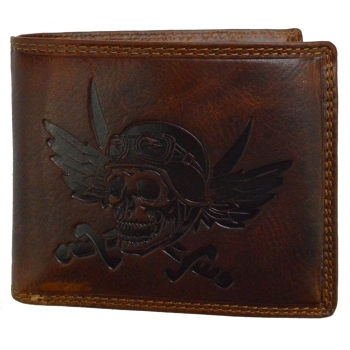 flevado Herren Portemonee Totenkopf mit RFID Schutz Geldbörse Vintage Leder Handarbeit (braun)